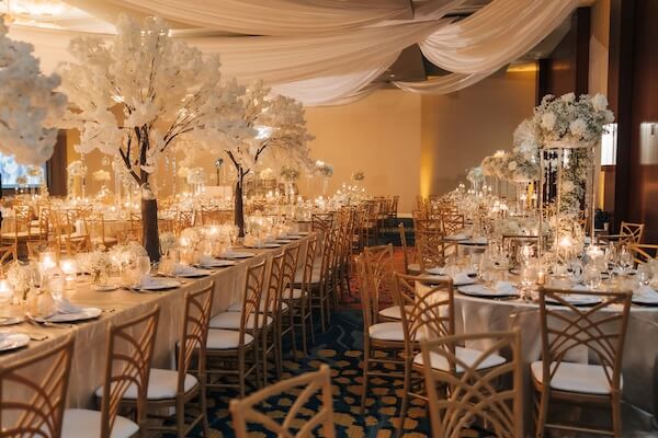 A beautiful white, ivory and gold Clearwater wedding reception.