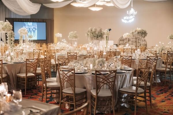 A beautiful white, ivory and gold Clearwater wedding reception.