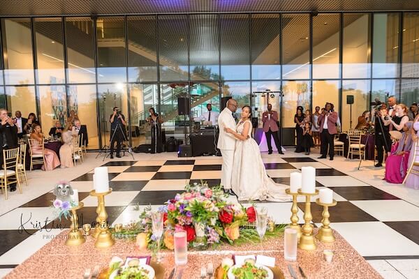 A newlywed couple's first dance at their Tampa Museum of Art wedding reception.