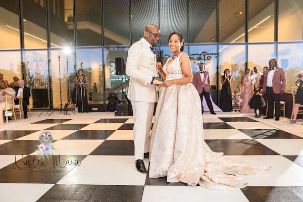 A newlywed couple's first dance at their Tampa Museum of Art wedding reception.