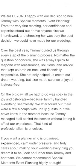 Google five star review for special moments event planning