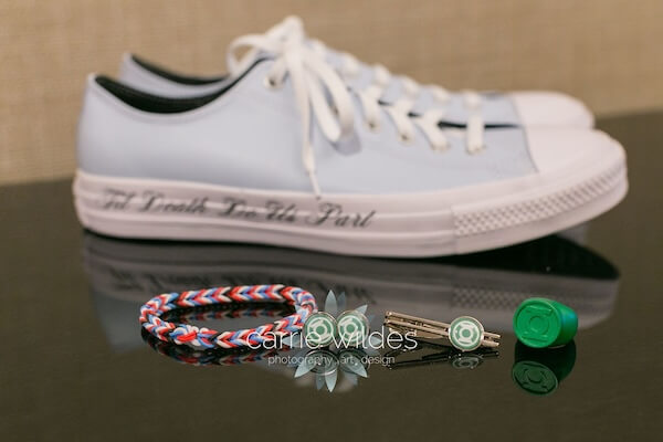 A groom's wedding accessories with awesome custom Converse sneakers.