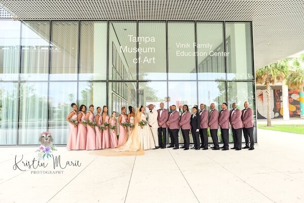 Wedding party portraits outside of the Tampa Museum of Art.